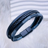 Triple Layer Rope Black Gary Leather Stainless Steel Wrist Band Strand Bracelet For Men