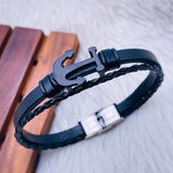 Dual Layer Anchor Rope Black Leather Stainless Steel Wrist Band Bracelet For Men