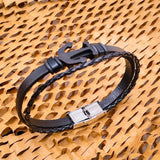 Dual Layer Anchor Rope Black Leather Stainless Steel Wrist Band Bracelet For Men