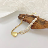 Heart Love Pearl Curb 18K Gold Stainless Steel Bracelet for Women