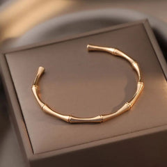 Bamboo Glossy 18K Rose Gold Anti Tarnish Stainless Steel Cuff Kada Bangle Bracelet for Women