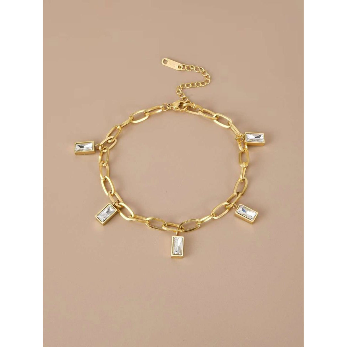 Baguette Cubic Zirconia 18k Gold Anti Tarnish Stainless Steel Links Chain Bracelet for Women