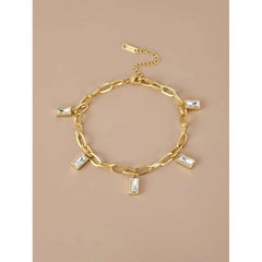 Baguette Cubic Zirconia 18k Gold Anti Tarnish Stainless Steel Links Chain Bracelet for Women
