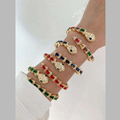 Green Emerald Baguette Snake 18K Gold Anti Tarnish Kada Bracelet For Women