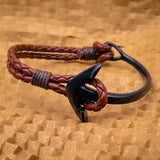 Black Anchor Strand Half Vegan PU Leather Kada Bracelet for Men Women