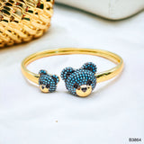 Turquoise Blue Twin Teddy Bear Cubic Zirconia Copper 18K Gold Kada Cuff For Women