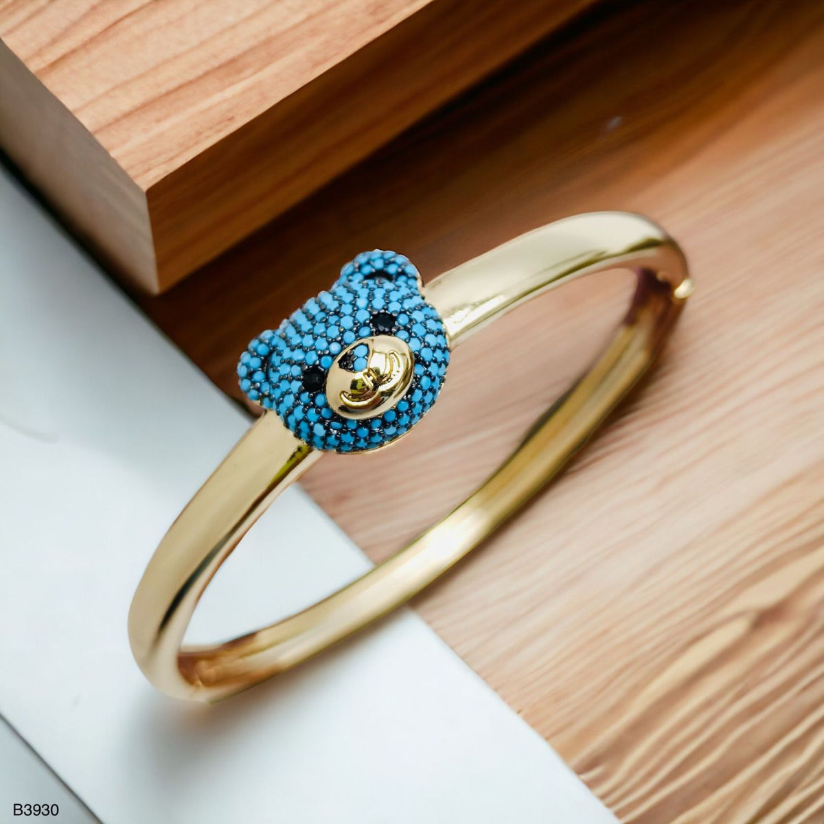 Turquoise Blue Sapphire Teddy Bear 18K Gold Anti Tarnish Openable Kada Bangle for Women