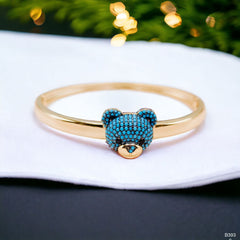 Turquoise Blue Sapphire Teddy Bear 18K Gold Anti Tarnish Openable Kada Bangle for Women