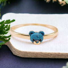 Turquoise Blue Sapphire Teddy Bear 18K Gold Anti Tarnish Openable Kada Bangle for Women