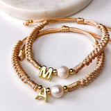A Personalised Letter Alphabet Initial Pearl Braided Beige Rope Adjustable Thread Bracelet