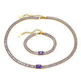 Baguette Purple Black Cubic Zirconia 18K Gold Copper Anti Tarnish Tennis Bracelet Necklace For Women