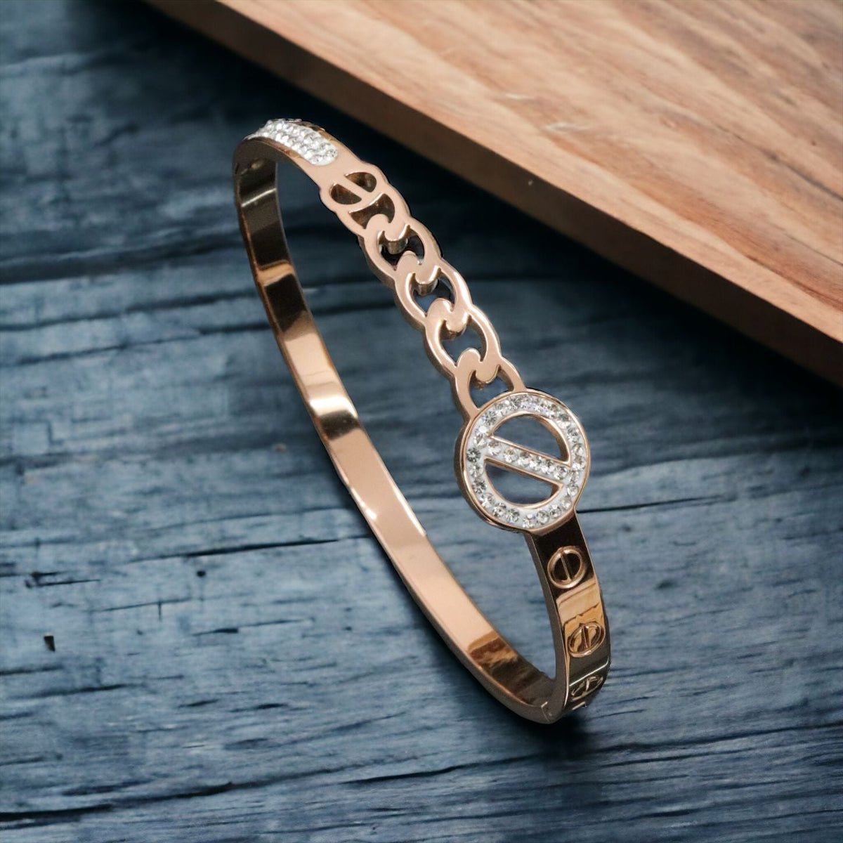 Screw Minus 18K Rose Gold White Cubic Zirconia Anti Tarnish Stainless Steel Kada Bracelet For Women