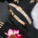 Stylish 18K Rose Gold White Mother Of Pearl Anti Tarnish Stainless Steel Kada Bracelet For Women
