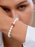 Copper Cubic Zirconia White Gold Pearl Beads Stretchable Bracelet Women