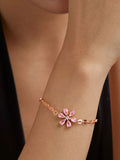 Copper Cubic Zirconia Pear Cut Crystal Pink Gold Flower Link Chain Bracelet Women