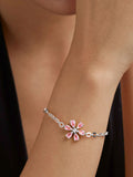 Copper Cubic Zirconia Pear Cut Crystal Pink Gold Flower Link Chain Bracelet Women