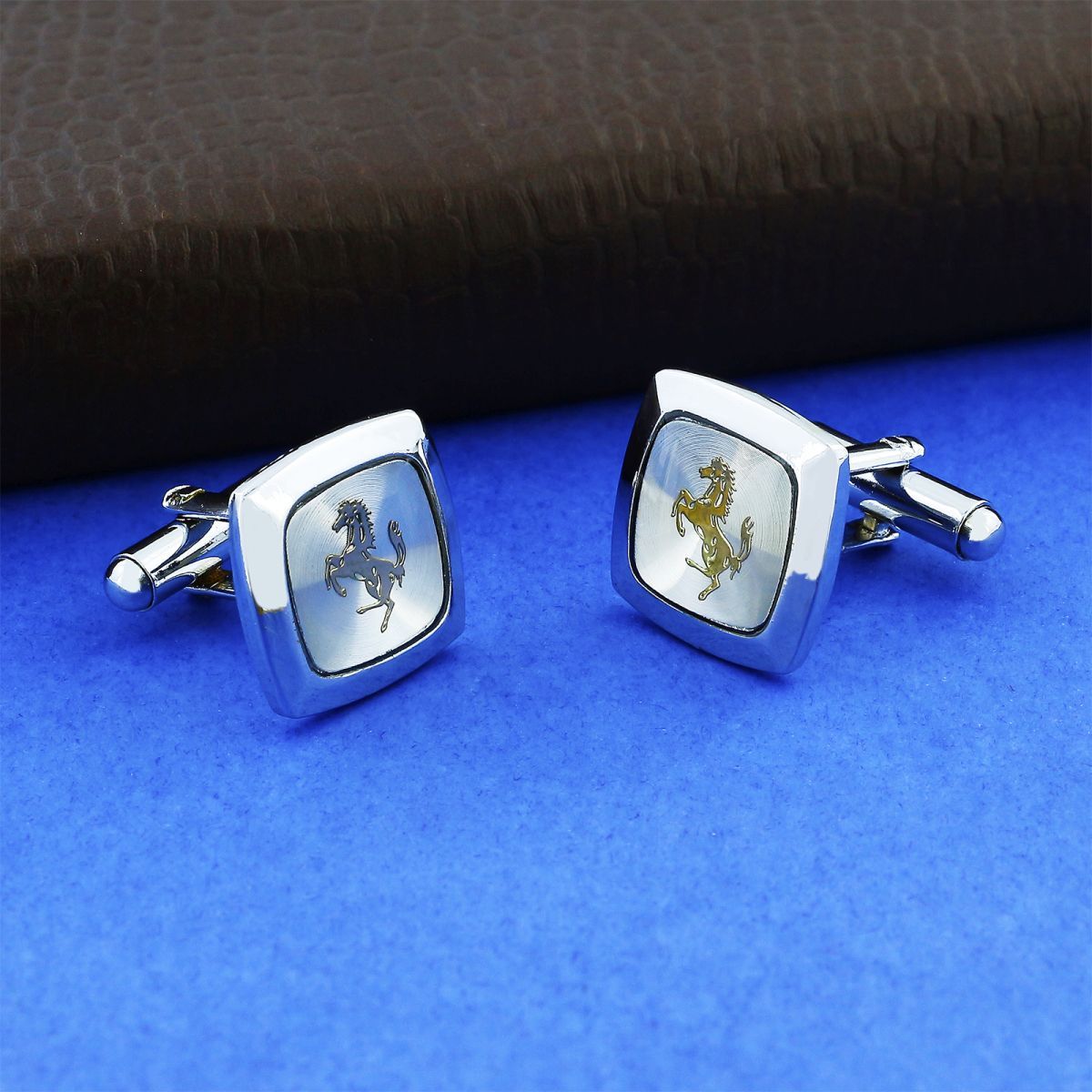 Square Silver Ferrari Horse Cufflinks In Box