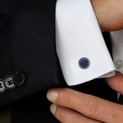 Round Blue Silver Cufflinks In Box
