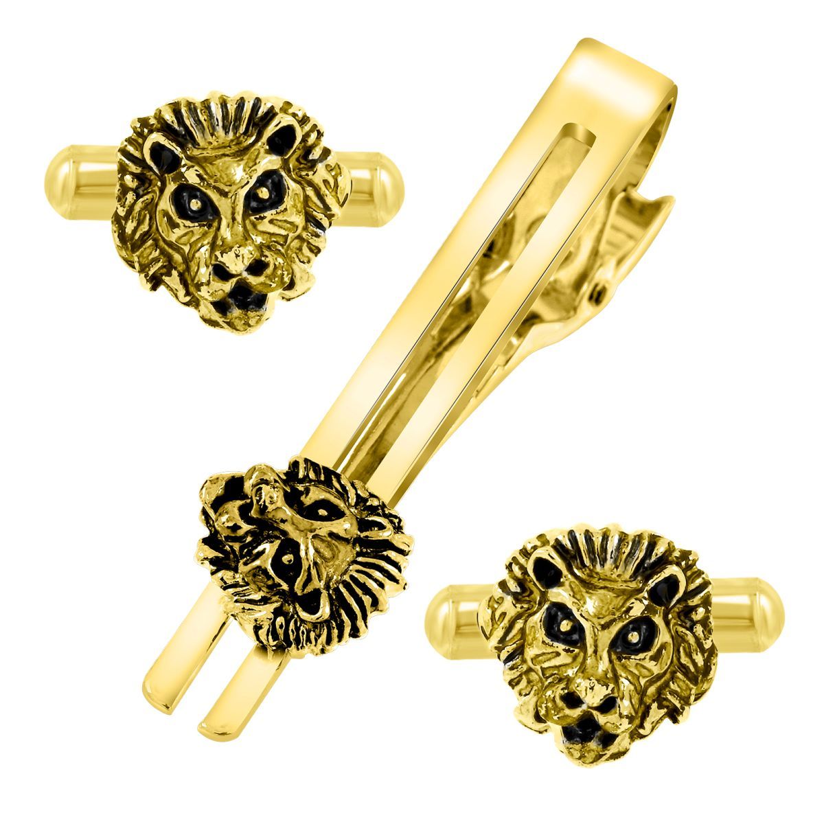 Lion Gold Oxidised Cufflinks Tie Pin Set Box