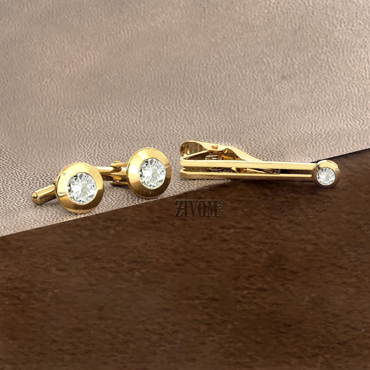Round Diamond Gold Cufflinks Tie Pin Set In Box