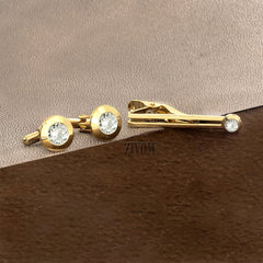 Round Diamond Gold Cufflinks Tie Pin Set In Box