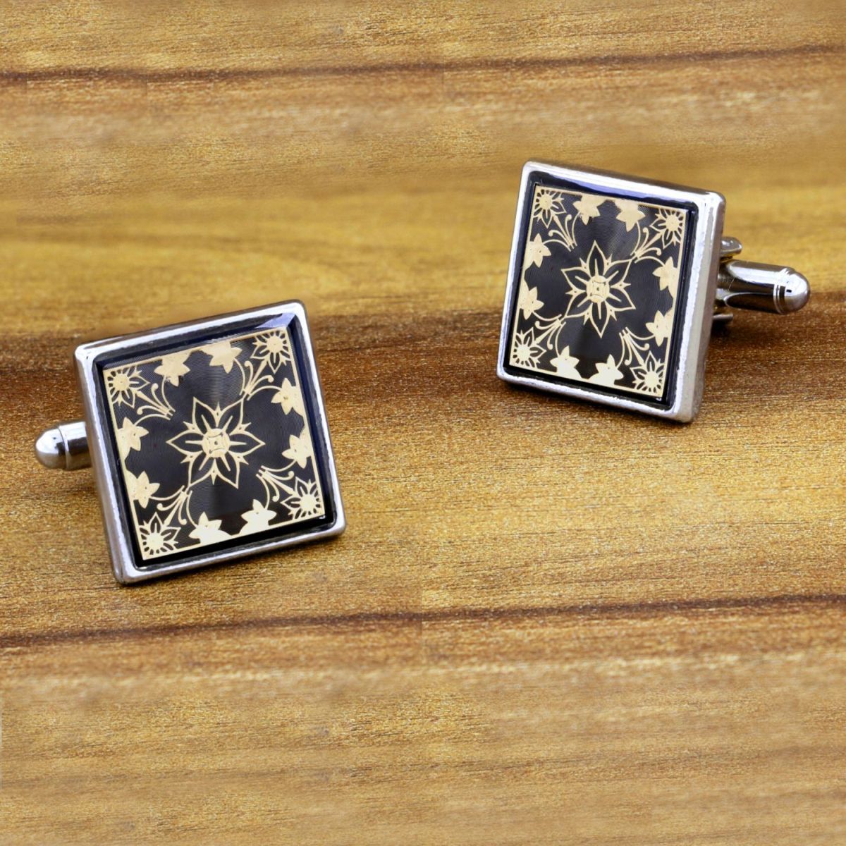 Victorian Filigree Black Gold Cufflinks In Box