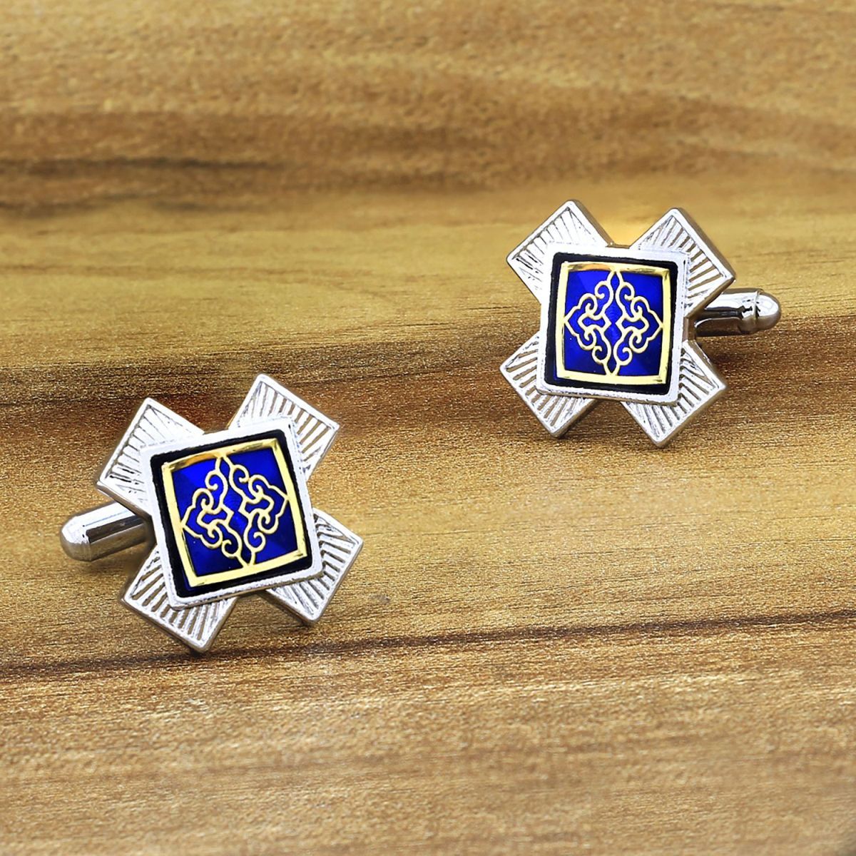 Victorian Filigree Blue Gold Cufflinks In Box