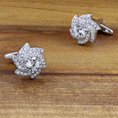 Floral Silver Diamond Cufflinks In Box