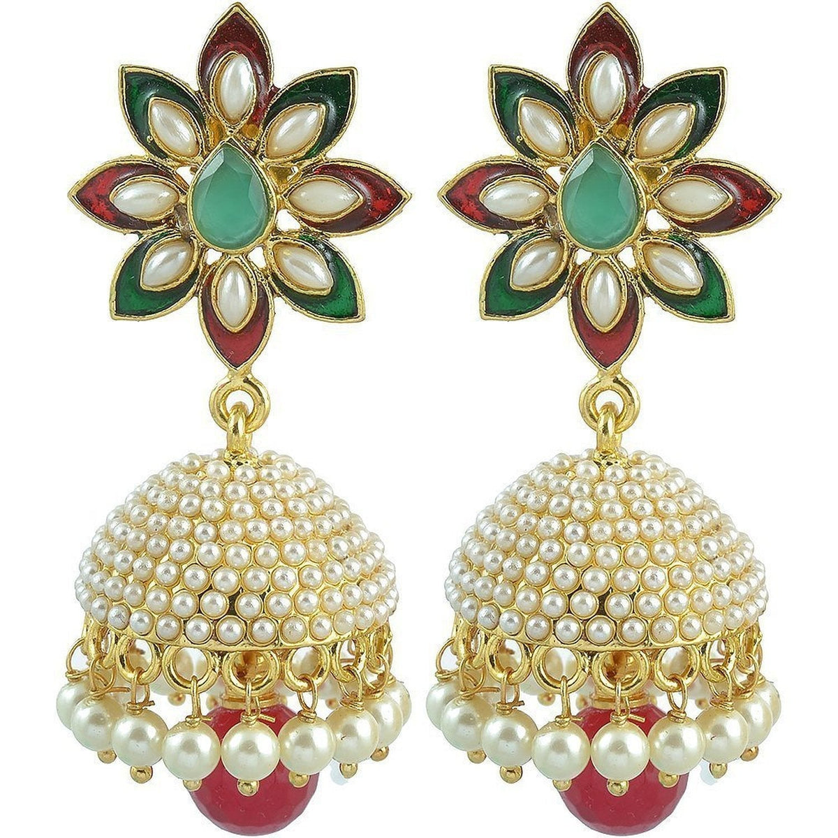 Gold Plated Ruby Pearl Enamel Jhumki Earring For Women