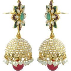 Gold Plated Ruby Pearl Enamel Jhumki Earring For Women