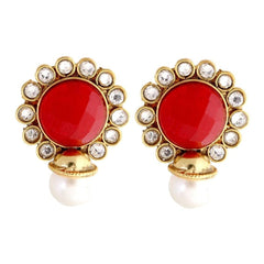 Traditional Ruby Red Pearl Gold Stud Earring For Women