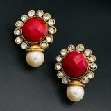 Traditional Ruby Red Pearl Gold Stud Earring For Women