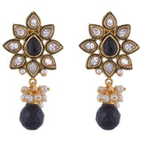 Kundan Flower Pearl Black Stone Meena Earring For Women