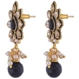 Kundan Flower Pearl Black Stone Meena Earring For Women