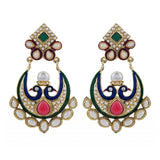 Chaand Peacok Red Green Gold Plated Pearl Bali Earring For Women