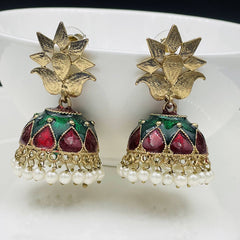 Green Gold Plated Meenakari Pearl Jhumki Earring For Women