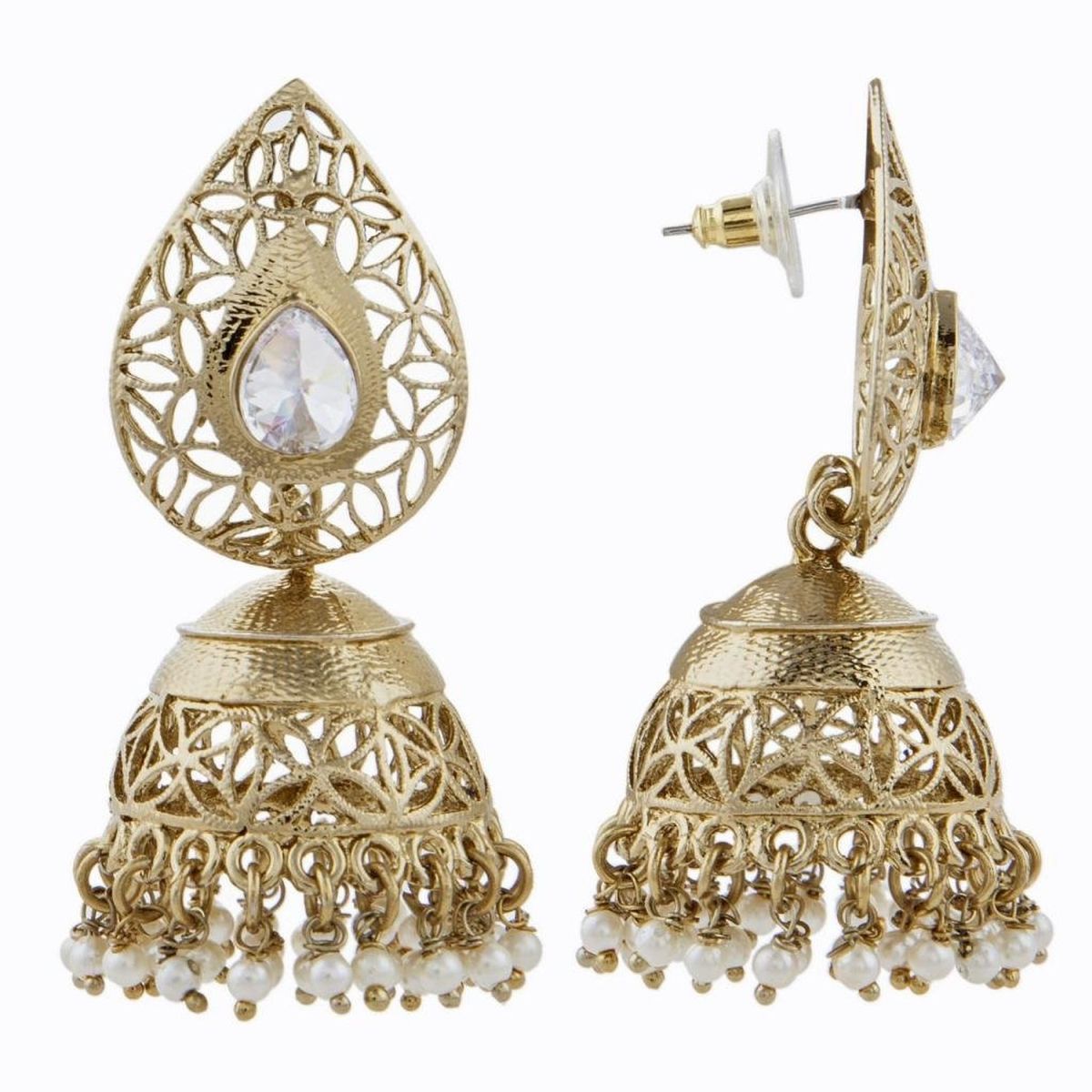 Gold Plated American Diamond Kundan Pearl Jhumki Earring For Women