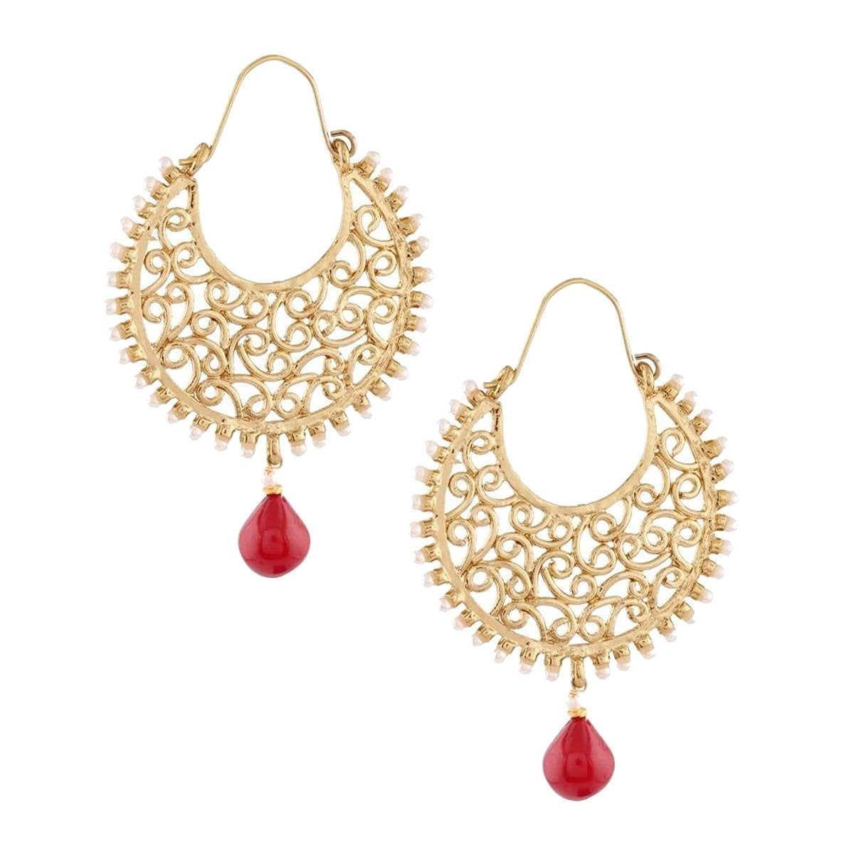Gold Plated Filigree Pearl Ruby Red Chaand Bali Earring