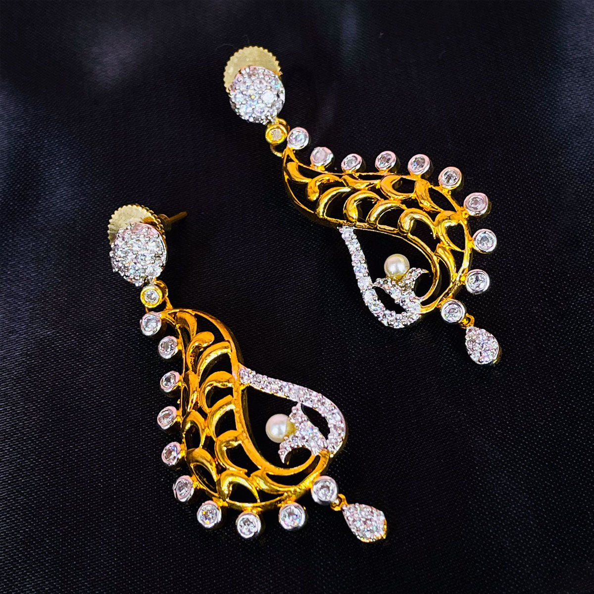 American Diamond Gold Gold-Plated Dangle & Drop Earring For Women
