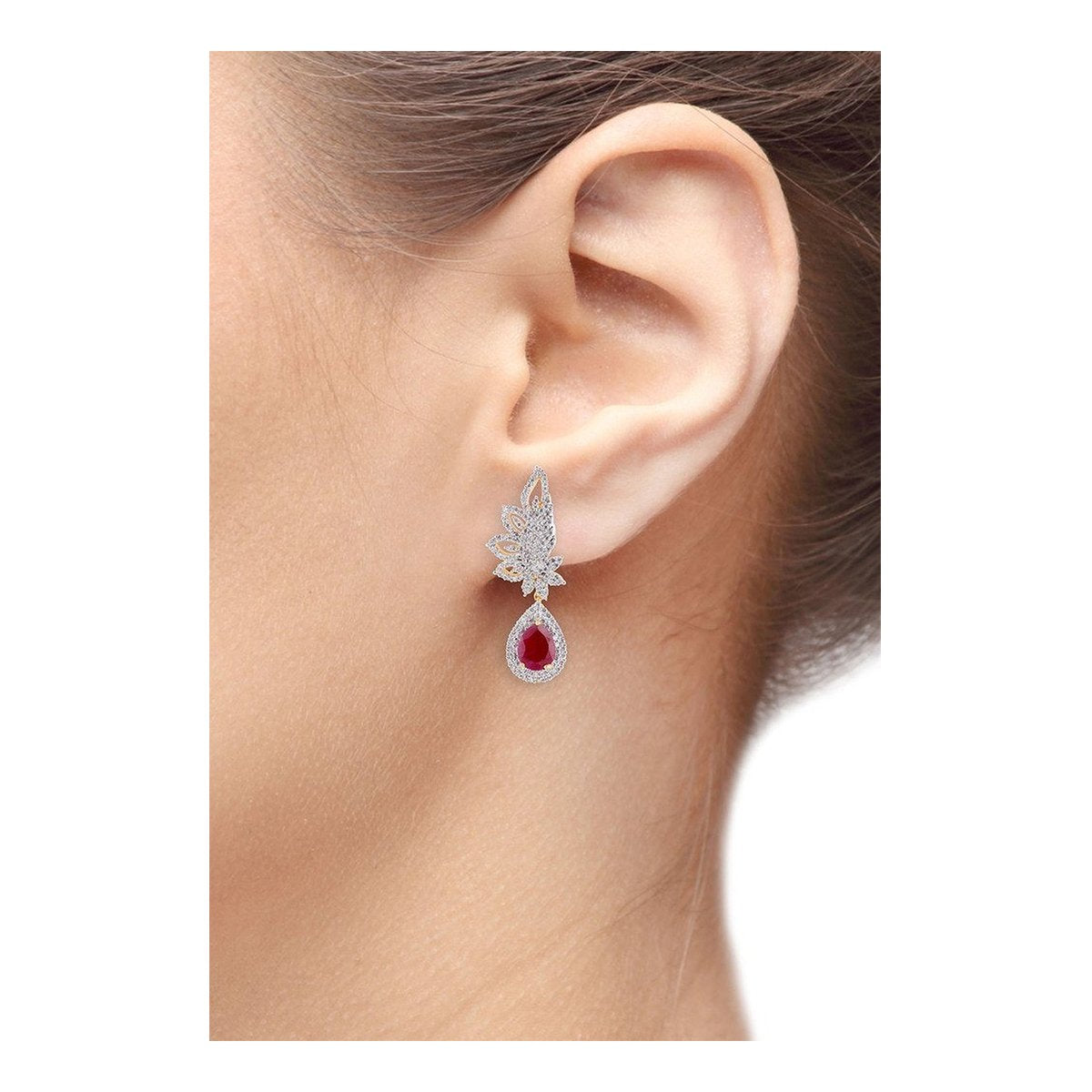 American Diamond Cz Ruby Red Leaf Cluster Earring For Women