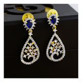 Sapphire Blue American Diamond Cz Rhodium Dainty Dangle & Drop Earring For Women