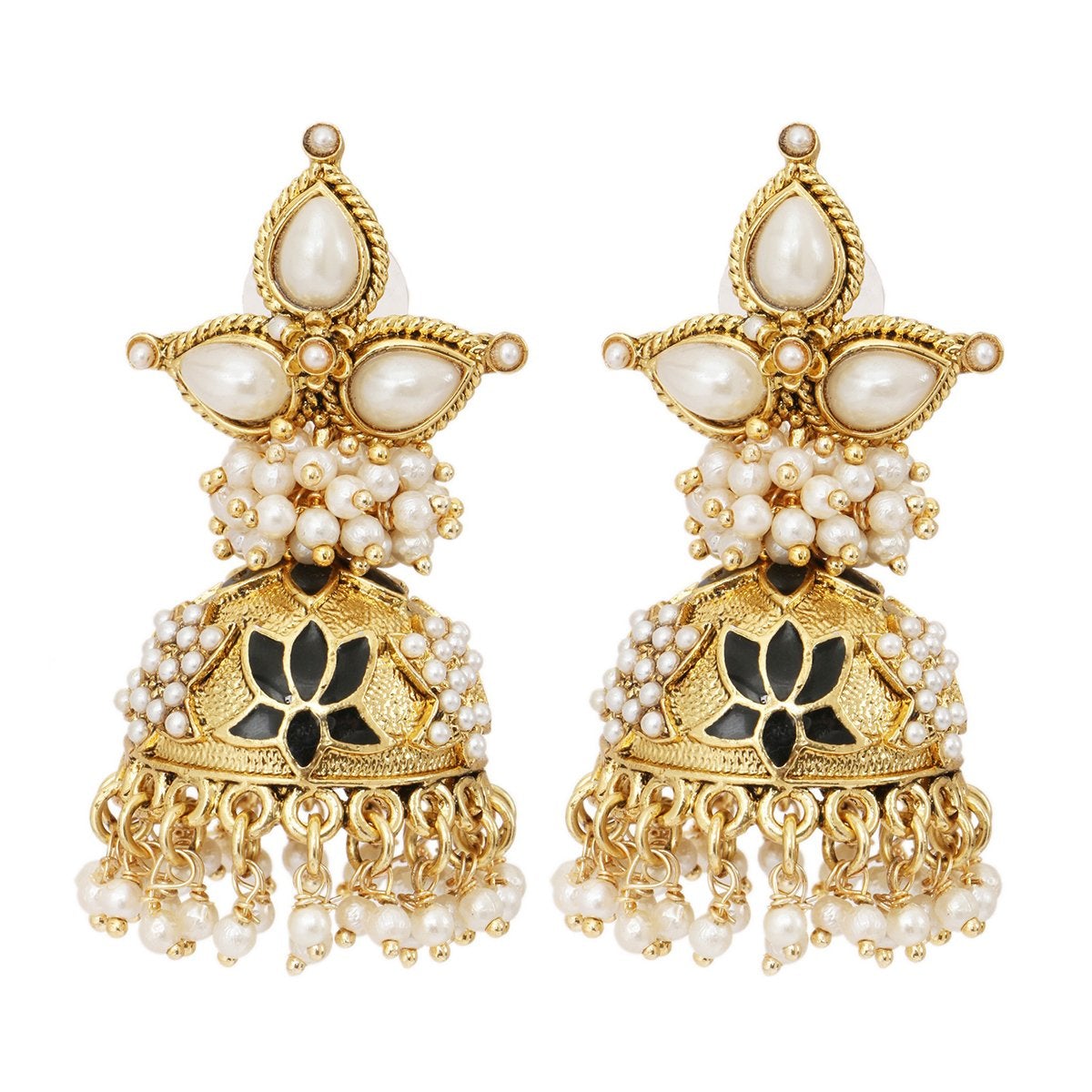 Black Meenakari Lotus Pearl Jhumki Earring For Women