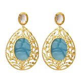 18K Gold Plated Sea Blue Stone Kundan Dangling Earring For Women