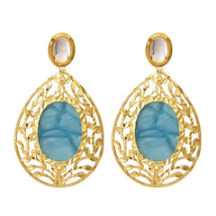 18K Gold Plated Sea Blue Stone Kundan Dangling Earring For Women