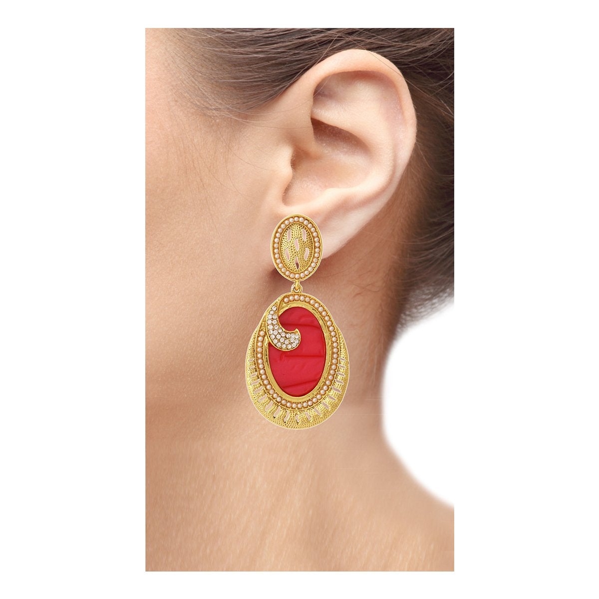 18K Gold Plated Red Stone Pearl Dangling Earring For Women