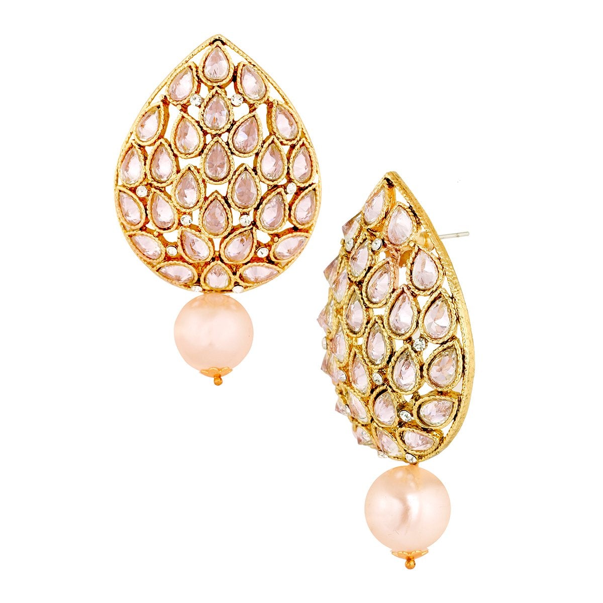 18K Antique Gold Plated Kundan Pearl Drop Large Earring For Women