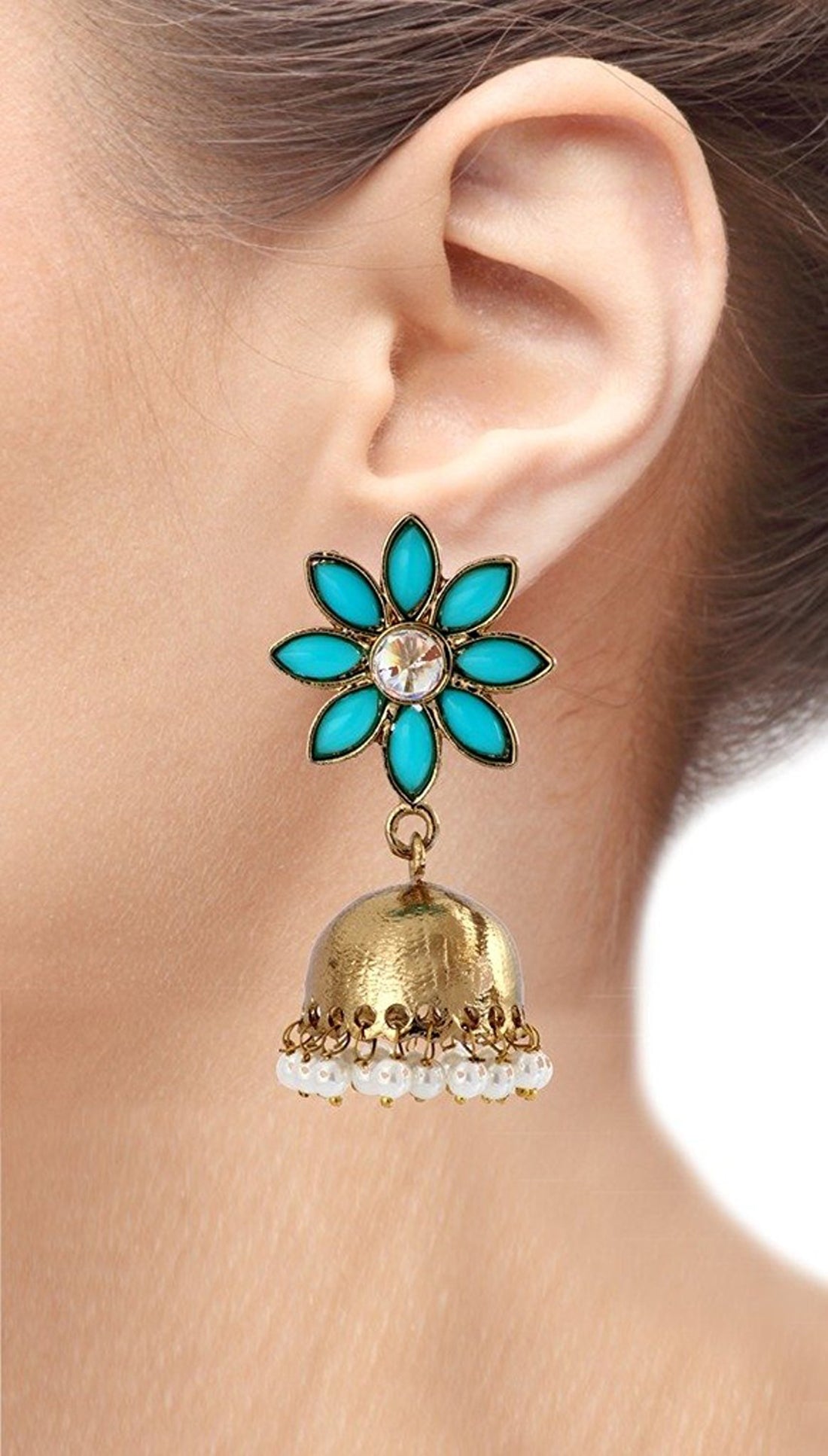 Cute Flower Gold Plated Turquoise Blue Pearl Jhumki Earring For Women