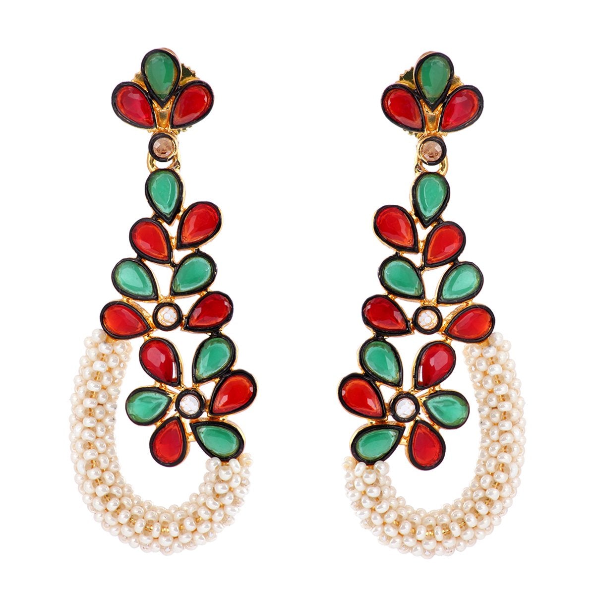 Floral Cluster Gold Plated Red Green Pearl Dangling Earring For Women