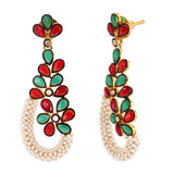 Floral Cluster Gold Plated Red Green Pearl Dangling Earring For Women