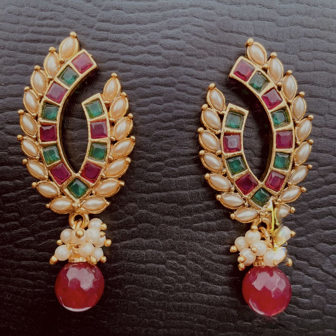 Dual Crescent Gold Plated Maroon Green Pearl Stud Earring For Women